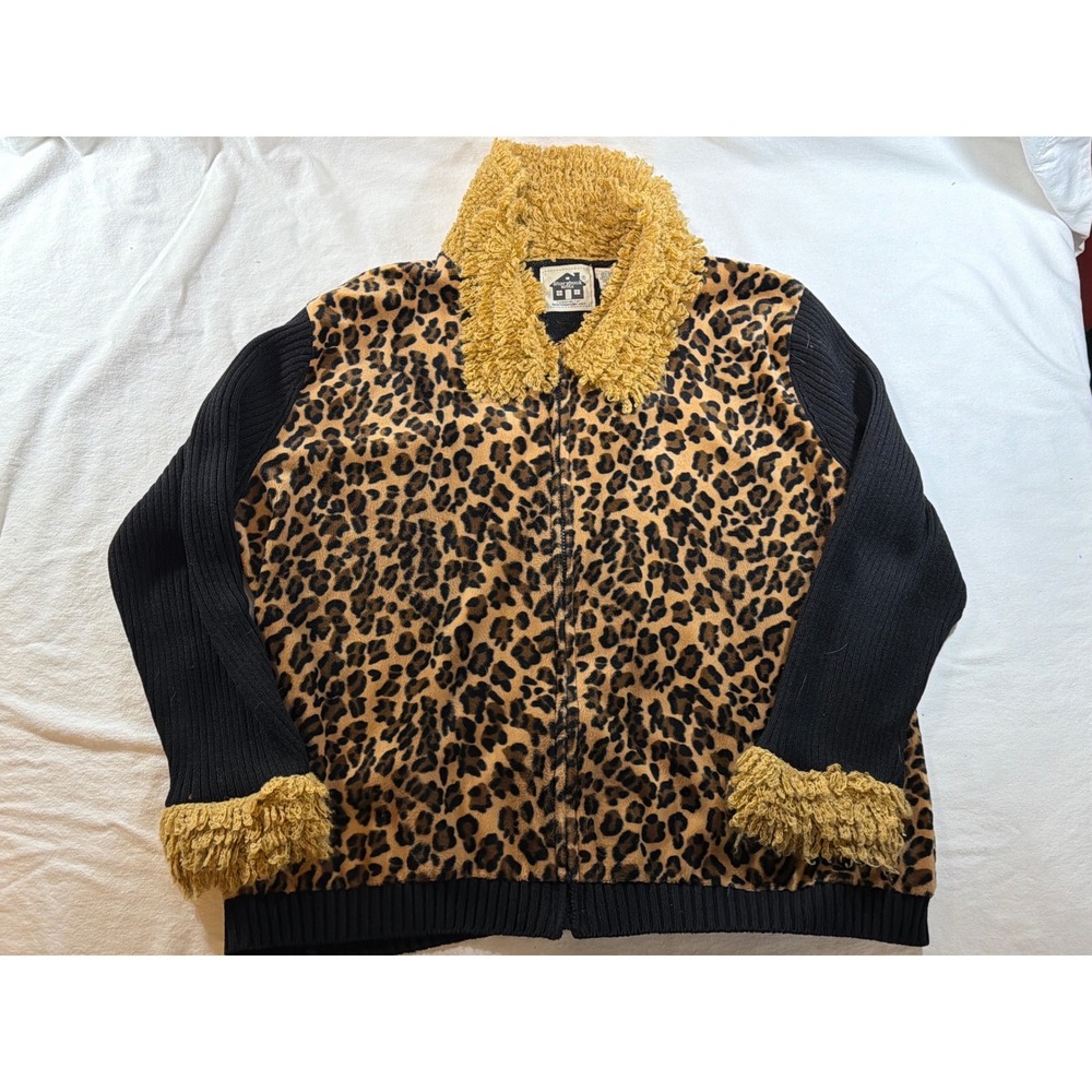 Storybook Knits Leopard Print Faux Fur Zip Cardigan Sweater Womens 3X Black Tan